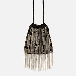 Zara boho gypsy metal chain fringe bucket bag